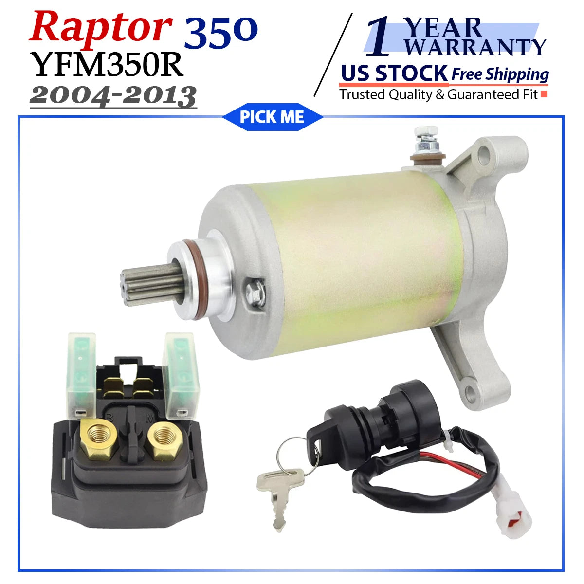 Starter Motor for Yamaha Raptor 350 YFM350R (2004–2013) with Relay & Key Switch