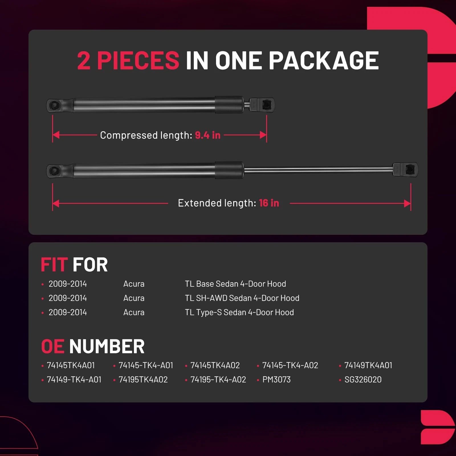 Pair Front Hood Lift Supports for Acura TL (2009-2014)