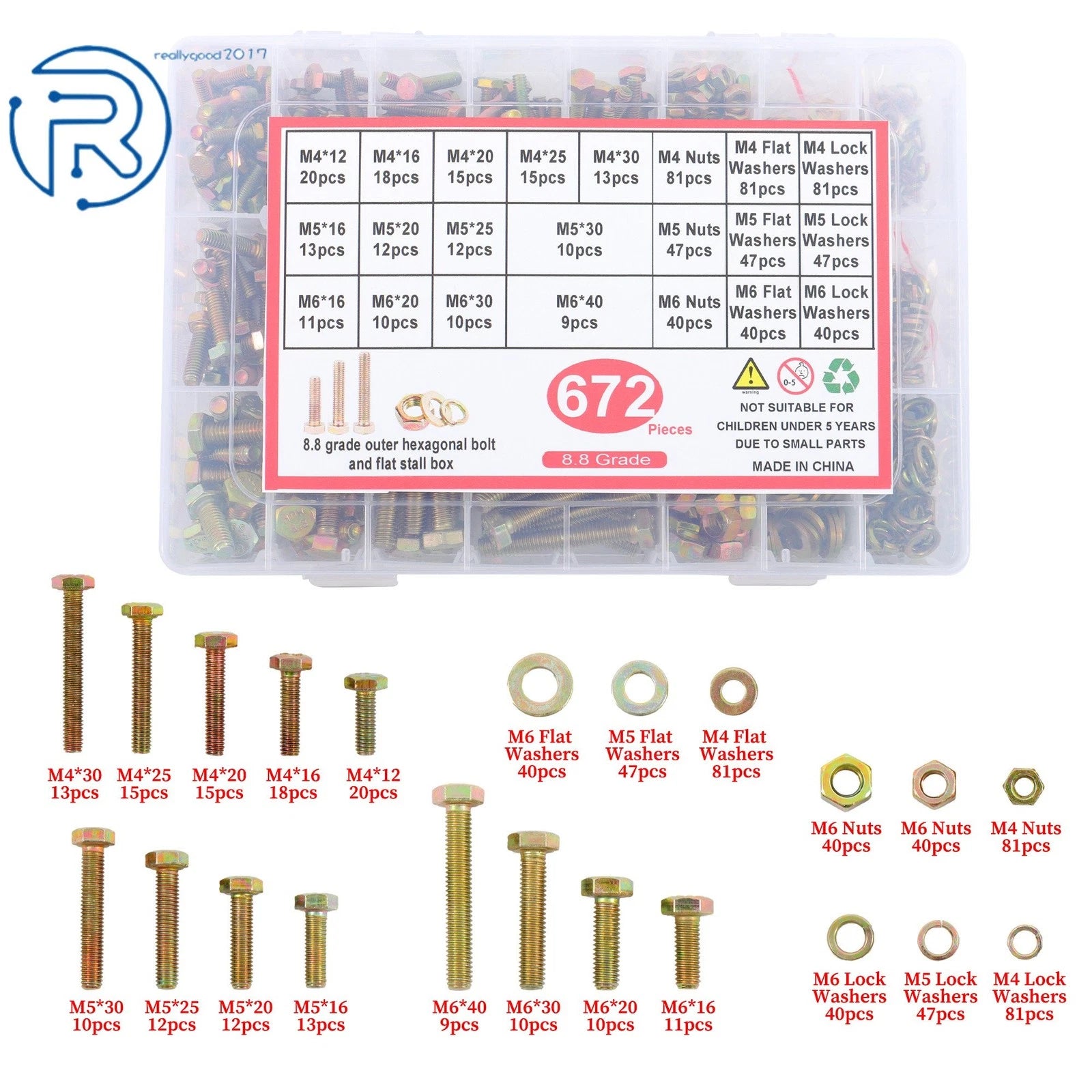 Set of 672 Flat Nuts and Bolts with Lock Washers for M4 M5 M6