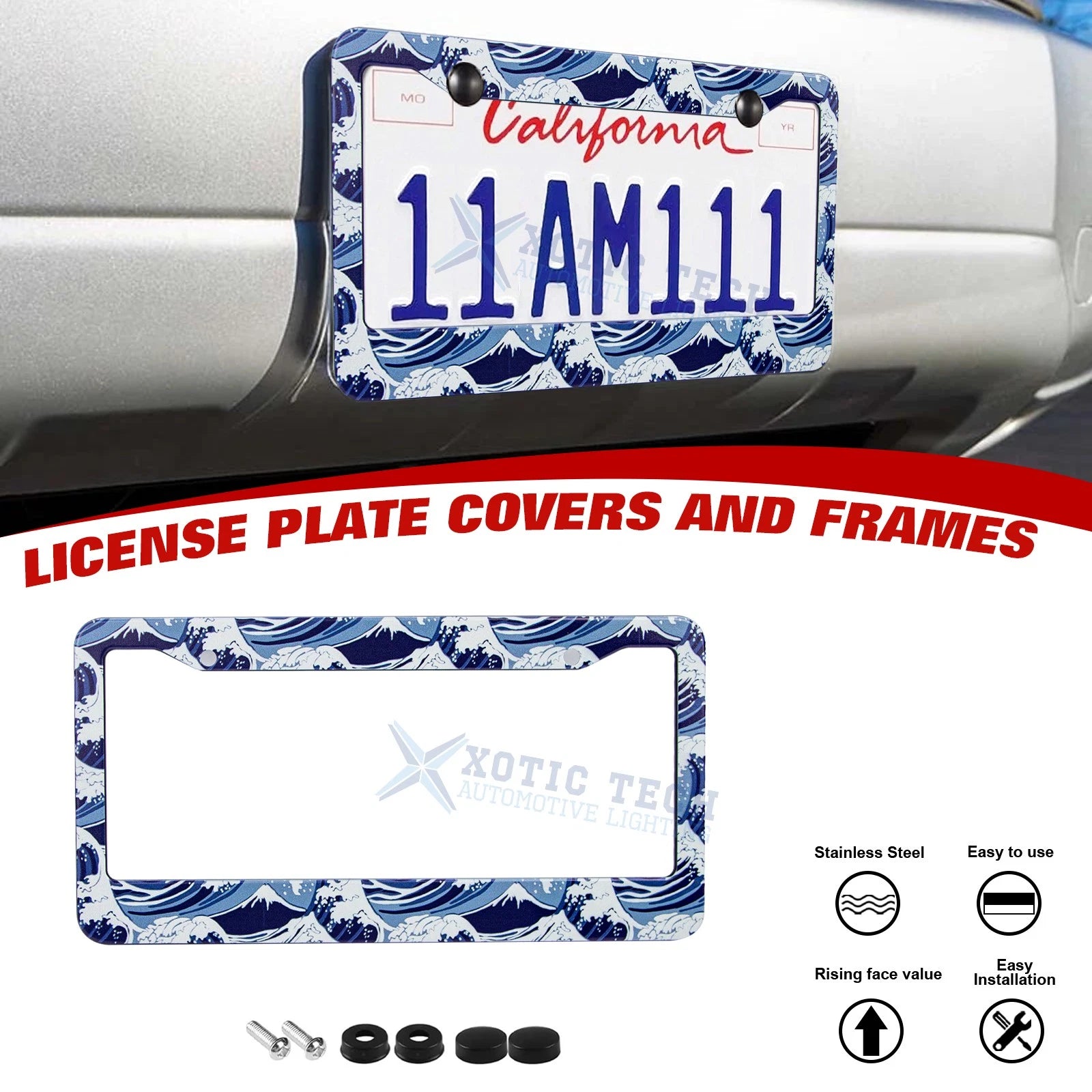 Ocean Universal License Plate Frame for Stainless Steel (Stainless) (-)