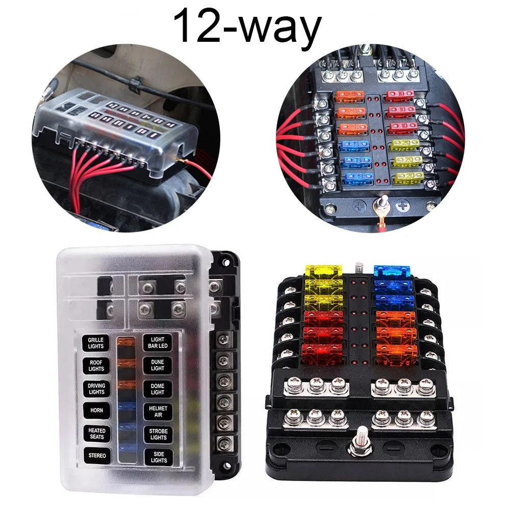 12-Way Blade Fuse Box Holder for Car Boat (12V 32V)