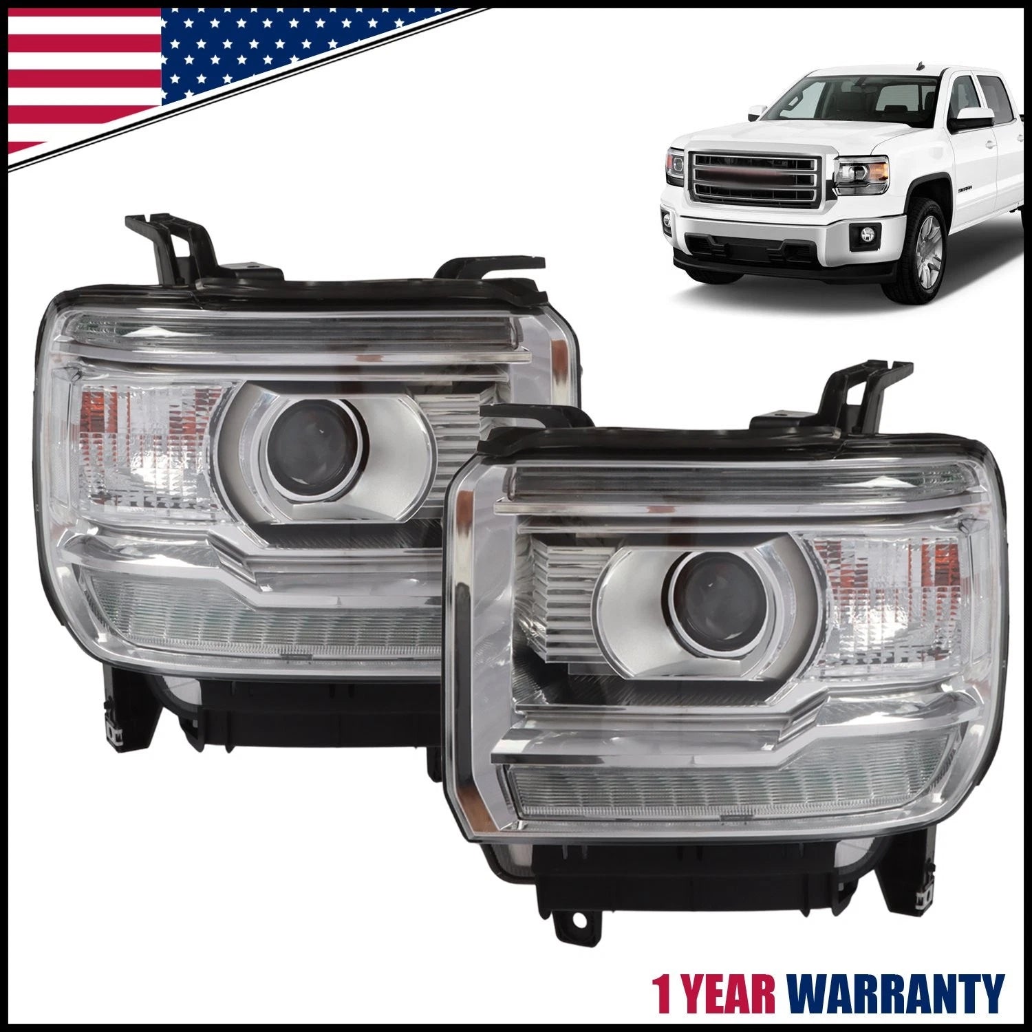 Clear LED DRL Headlights for GMC Sierra 1500 2500 3500 (2014–2018)