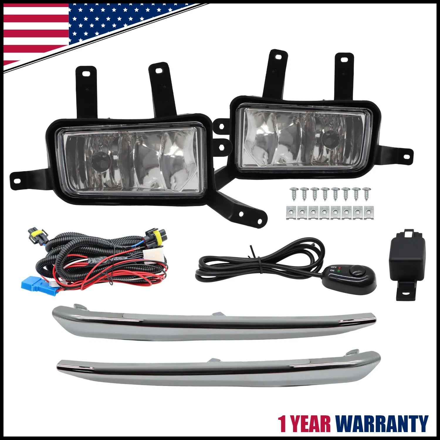 Fog Lights Lamps Set of 2 w/Chrome Trim+Switch+Bulbs for Chevy Suburban/Tahoe (2015–2020)