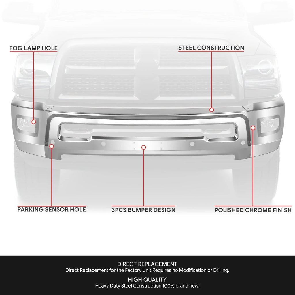 Chrome Front Bumper Face Bar w/ Fog Light Holes for Dodge Ram 2500 3500 (2010–2018)