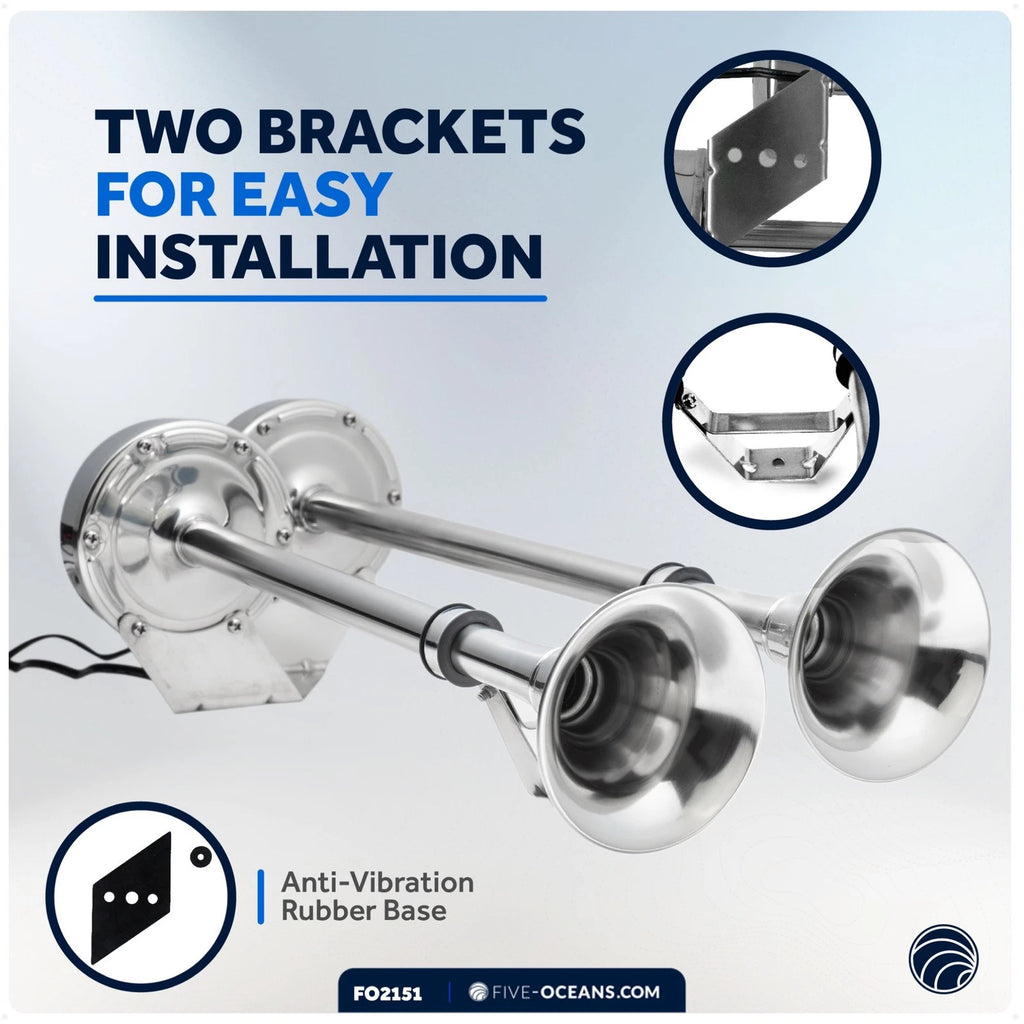 Dual Trumpet Horn for Marine (12V) - Stainless Steel, 115 dB, FO2151