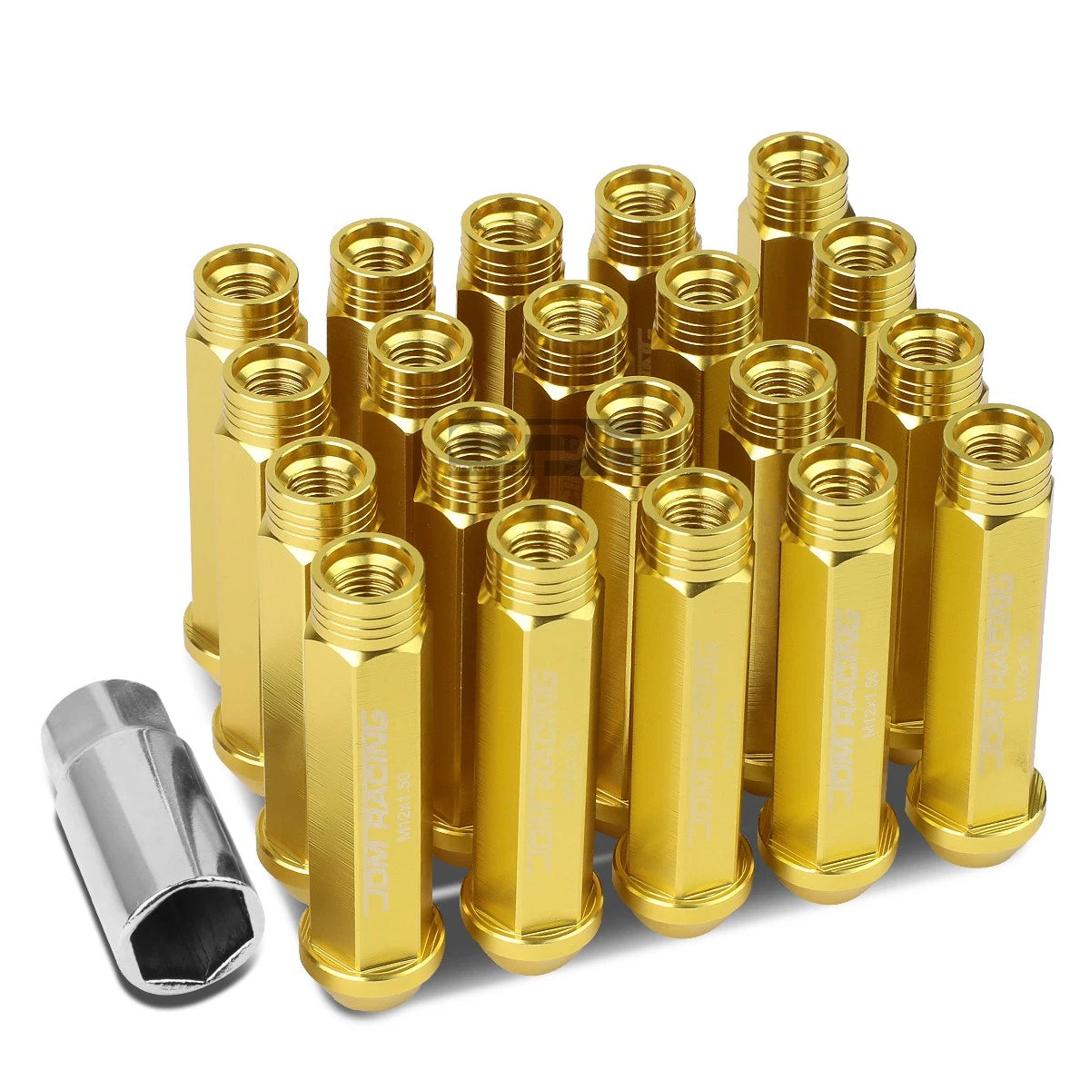 20x Open End M12x1.5 90mm Tall Gold Aluminum Lug Nuts + Adapter