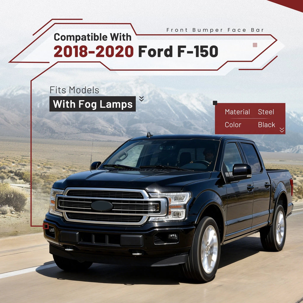 Steel Front Bumper Face Bar for Ford F-150 (2018–2020) - Black, Fog Holes