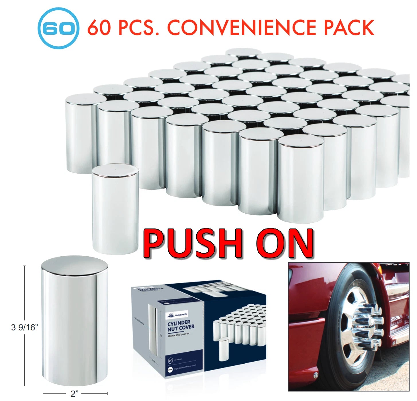 Chrome Lug Nut Covers 33mm Push-On 3-1/2 Inch 60-Pack for All Vehicles (1960–2025)