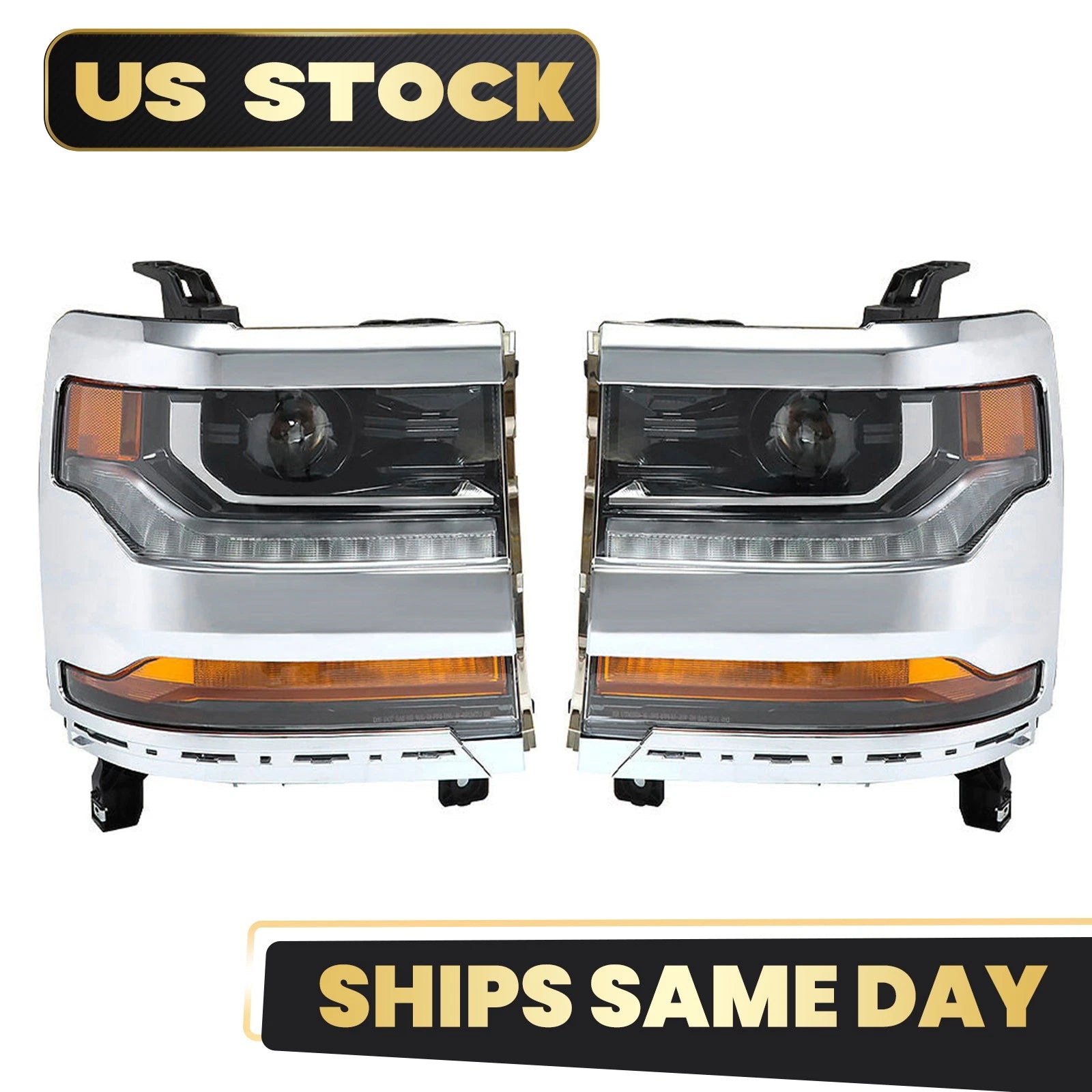 HID Headlight Set for Chevy Silverado 1500 (2016–2018) w/DRL Chrome Bezel