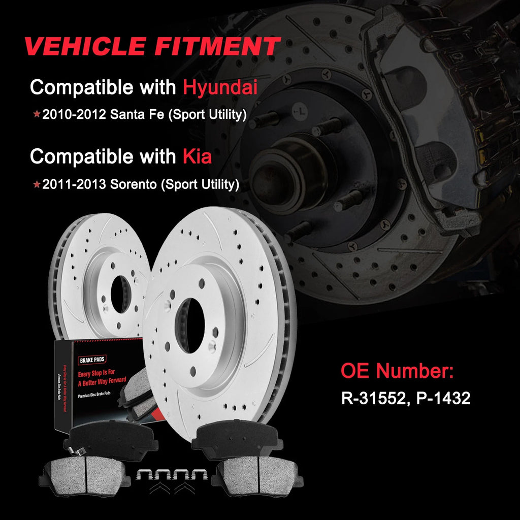 Front Disc Brake Rotors + Ceramic Brake Pads for Hyundai Santa Fe, Kia Sorento (2013–2020)