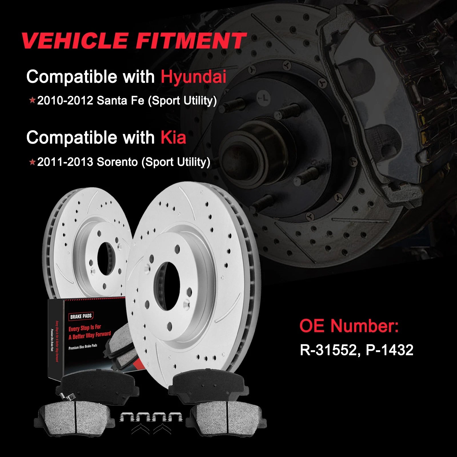 Front Disc Brake Rotors + Ceramic Brake Pads for Hyundai Santa Fe, Kia Sorento (2013–2020)