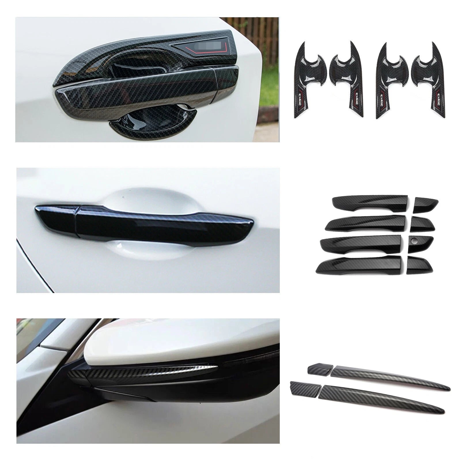 Carbon Fiber Look Door Handle Side Mirror Stripes Cover Kit for Civic (2016-2021)