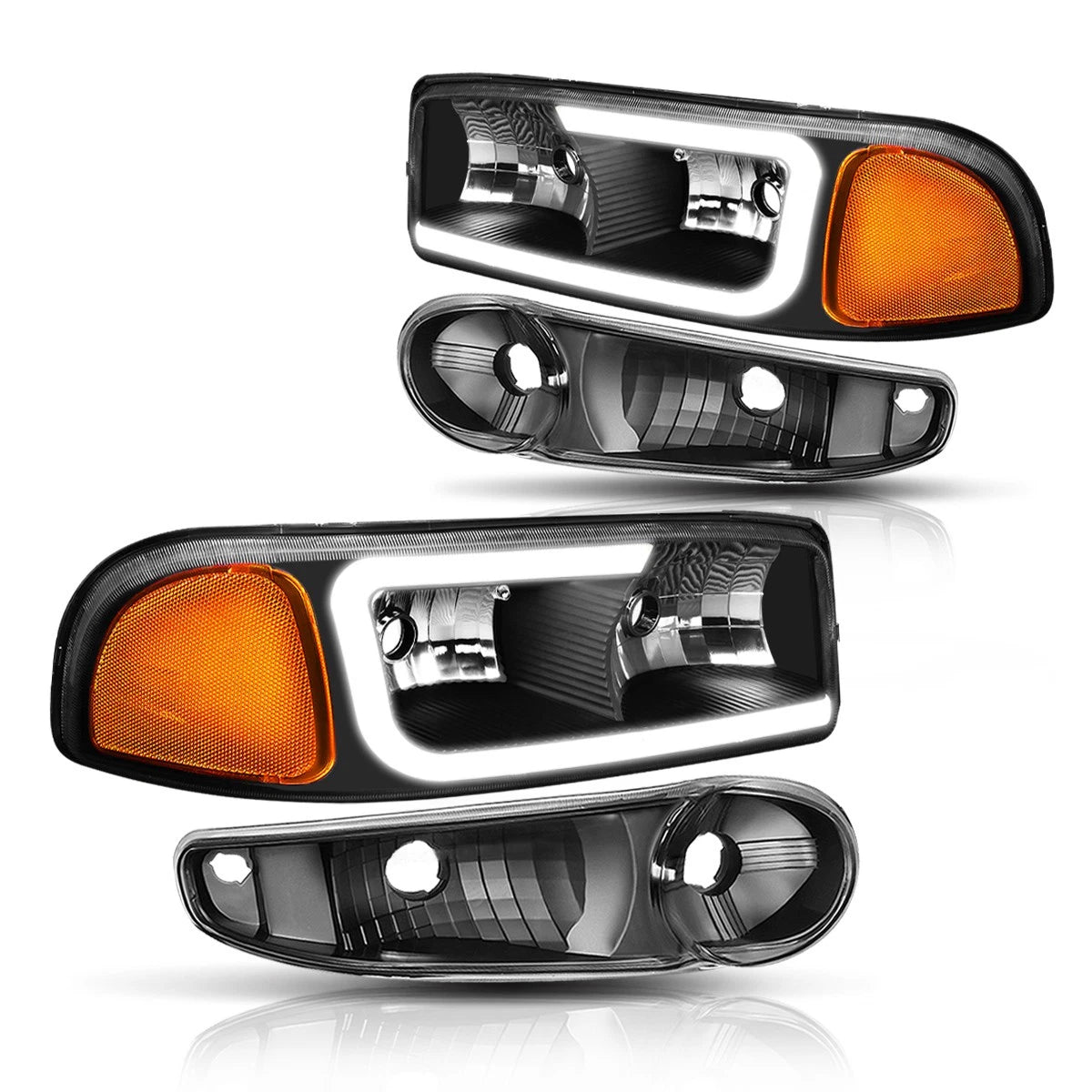 LED DRL Headlight Set for Yukon XL/Sierra Denali (2000–2006) w/ Bumper Lamps Black/Amber