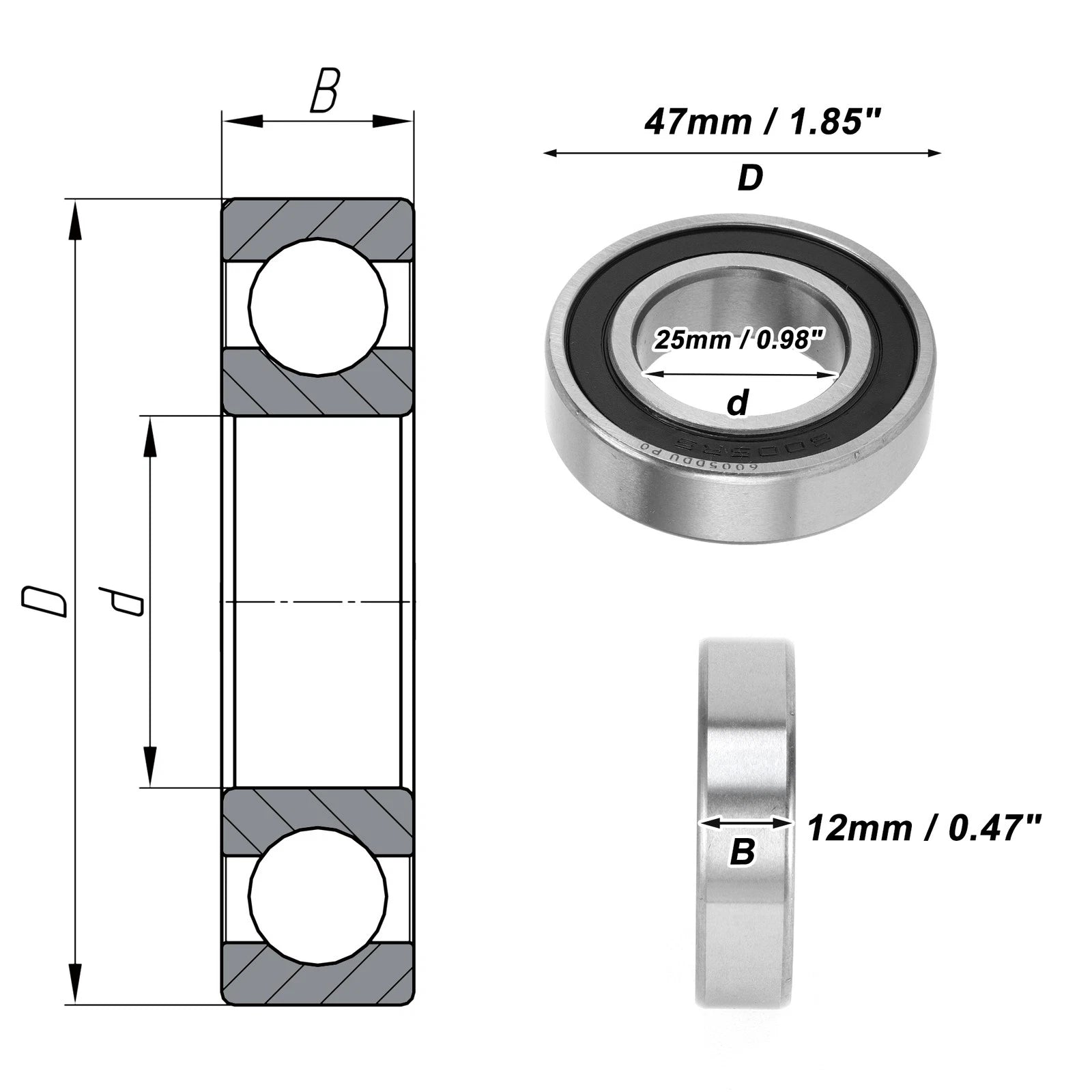 Deep Groove Ball Bearing 6005DDU for Scooter Skateboard (25x47x12mm)