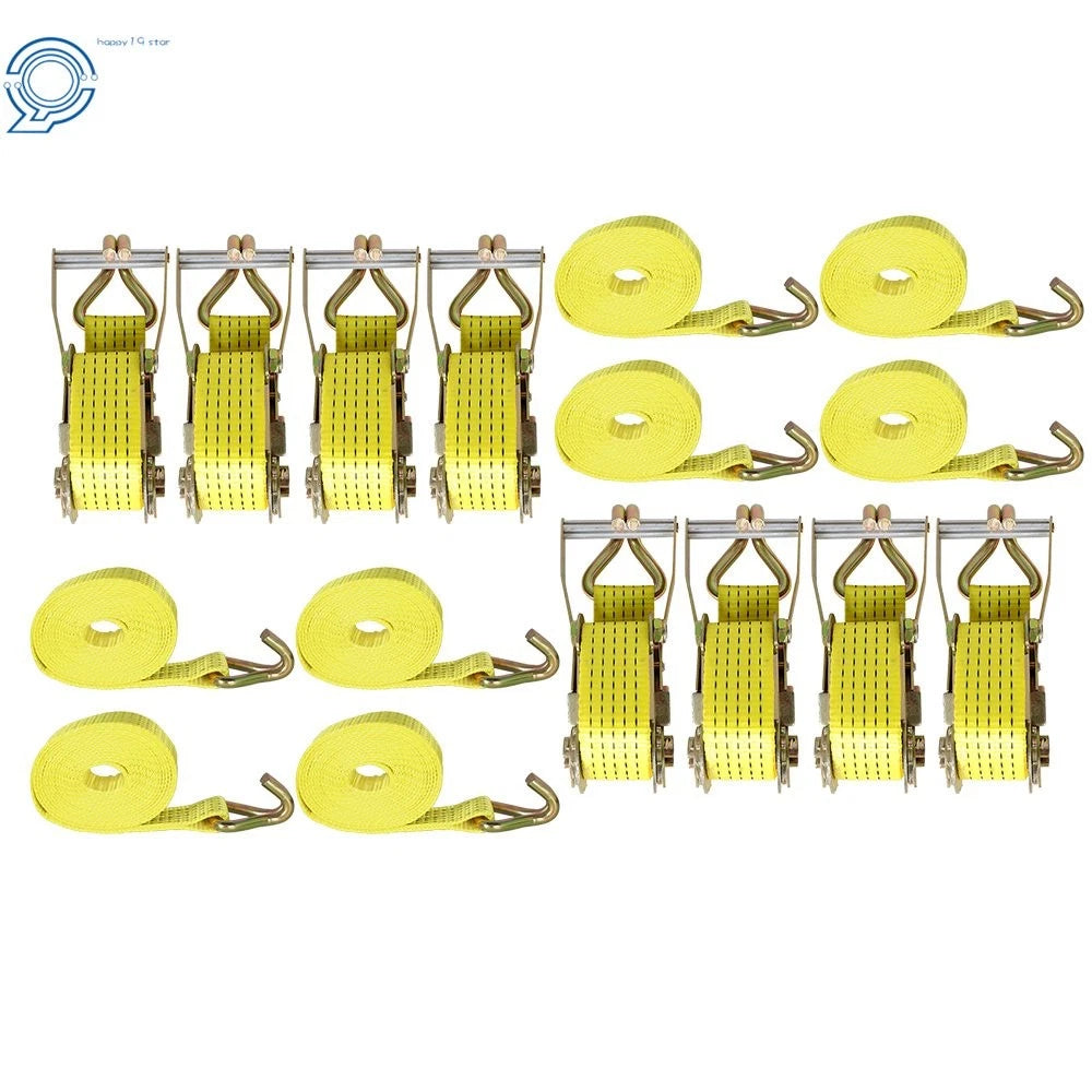 Set of 8 Ratchet Straps with J Hook 2" x 15' Heavy Duty Tie Downs 5000 lbs
