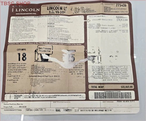 Original Dealer Window Sticker for Lincoln LS V6 3.0L (2000)