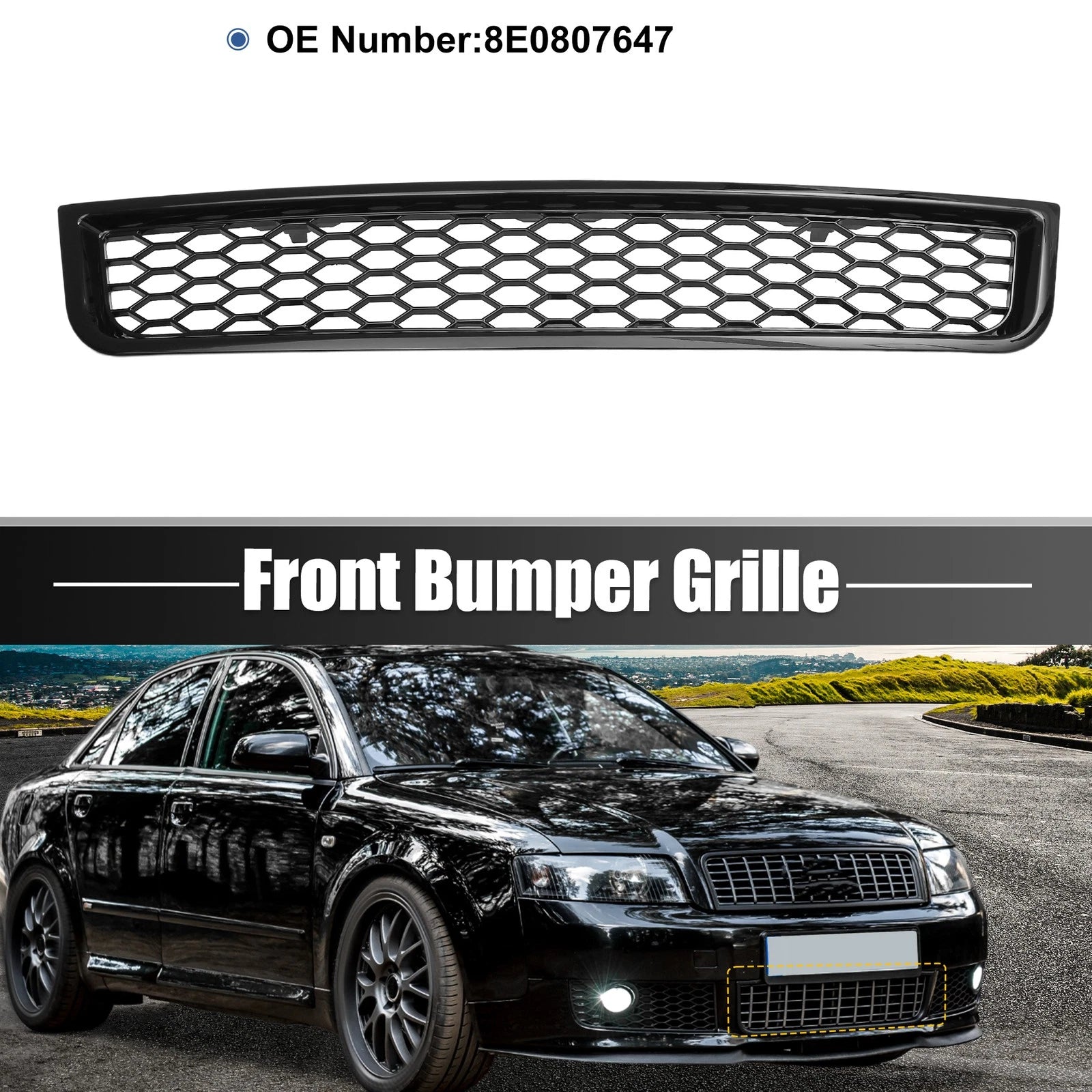 Front Bumper Grille for Audi A4 B6 Sedan (2002–2005) No. 8E0807647 Black Plastic