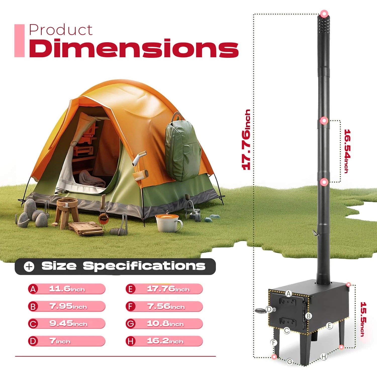 Outdoor Tent Wood Burning Stove with Chimney Pipe for Camping (Portable)