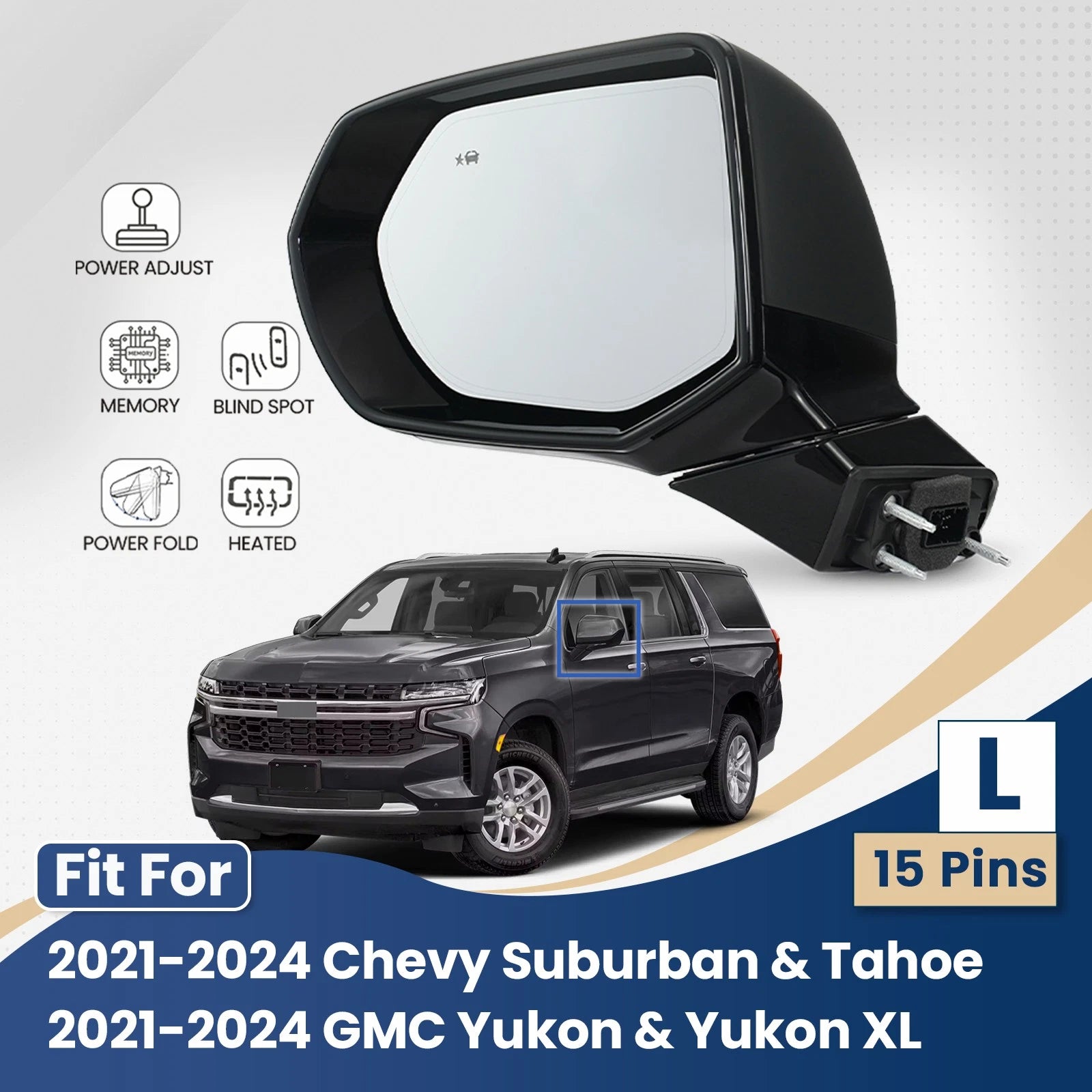 Side Mirror for Chevy Suburban Tahoe GMC Yukon (2021–2024) Power Fold 15 Pins