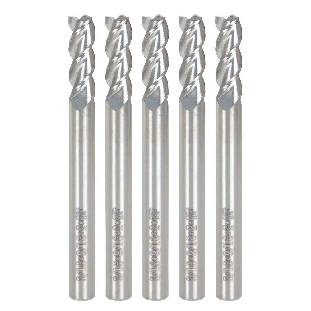 Set of 5 Carbide End Mills for Aluminum (3/16", 3 Flute)