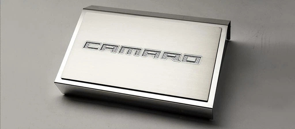 Top Plate w/White CF Vinyl "CAMARO" Inlay for 16-20 Camaro w/ACC Fuse Box Cover