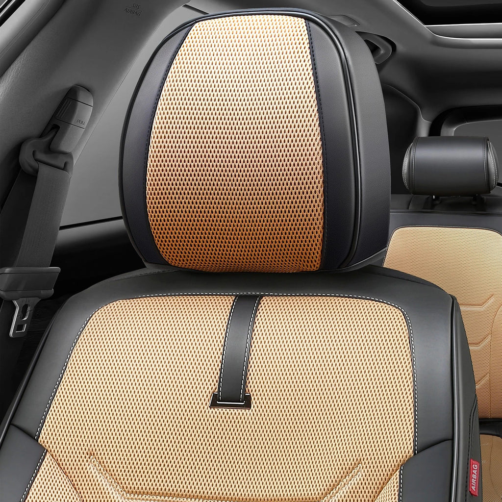 Set of 2 Front Row Seat Cover Protectors for Universal Car SUV (Beige/Black)
