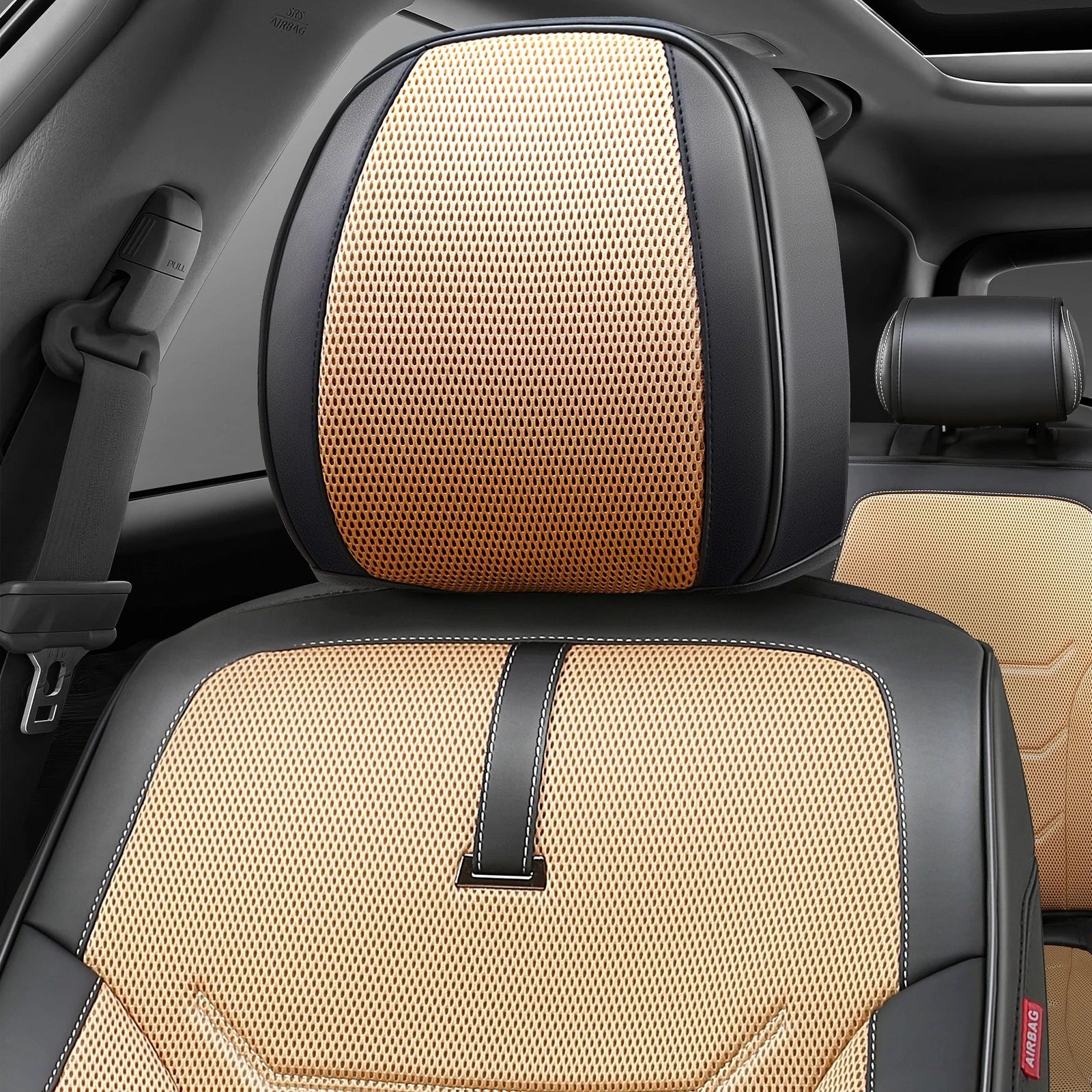 Set of 2 Front Row Seat Cover Protectors for Universal Car SUV (Beige/Black)