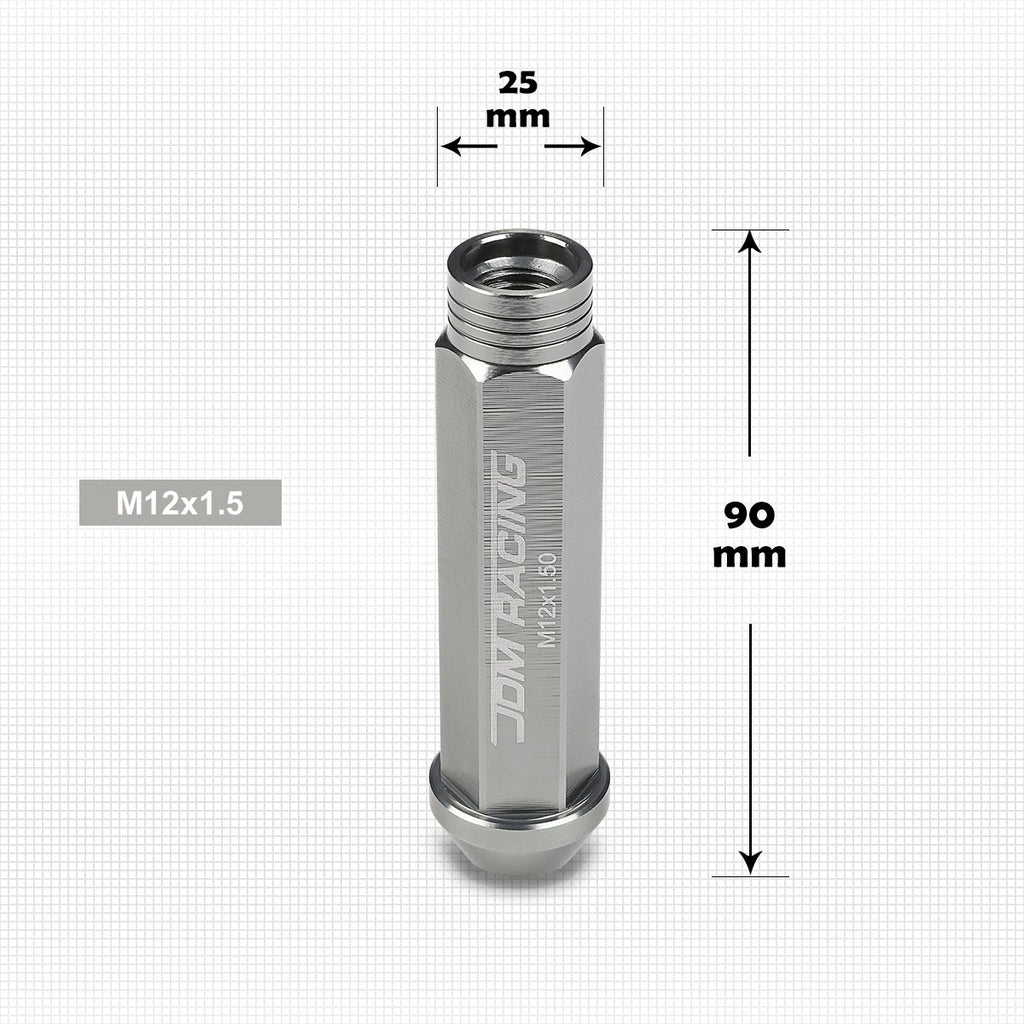 Set of 20 JDM M12X1.5 25mm OD 90mm Tall Gun Metal Open-End Lug Nuts + Key