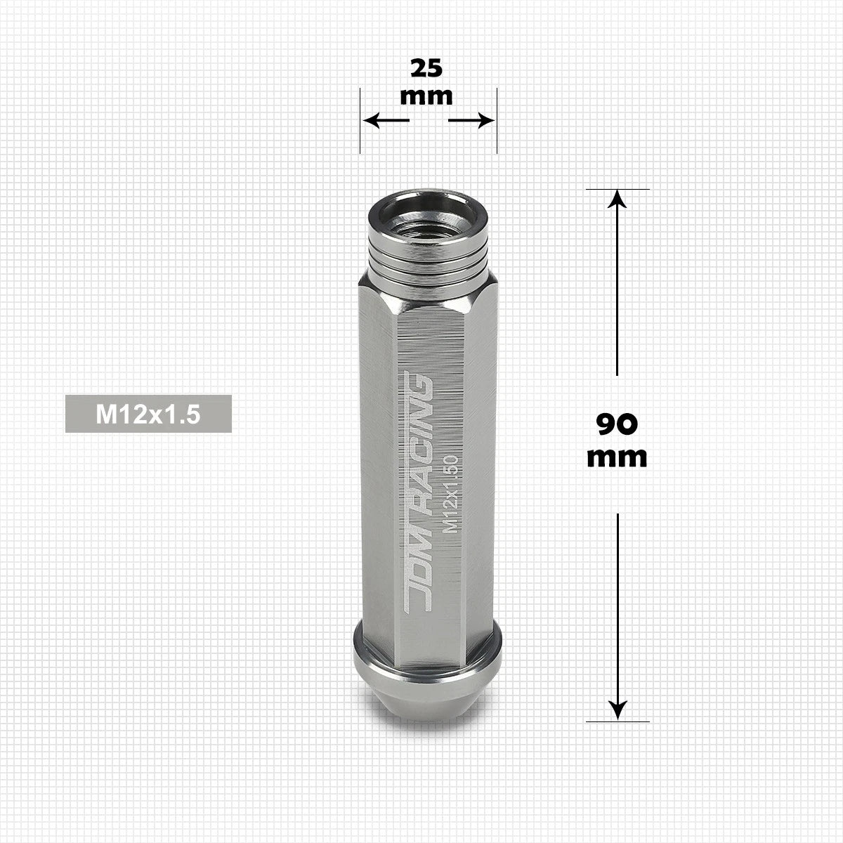 Set of 20 JDM M12X1.5 25mm OD 90mm Tall Gun Metal Open-End Lug Nuts + Key