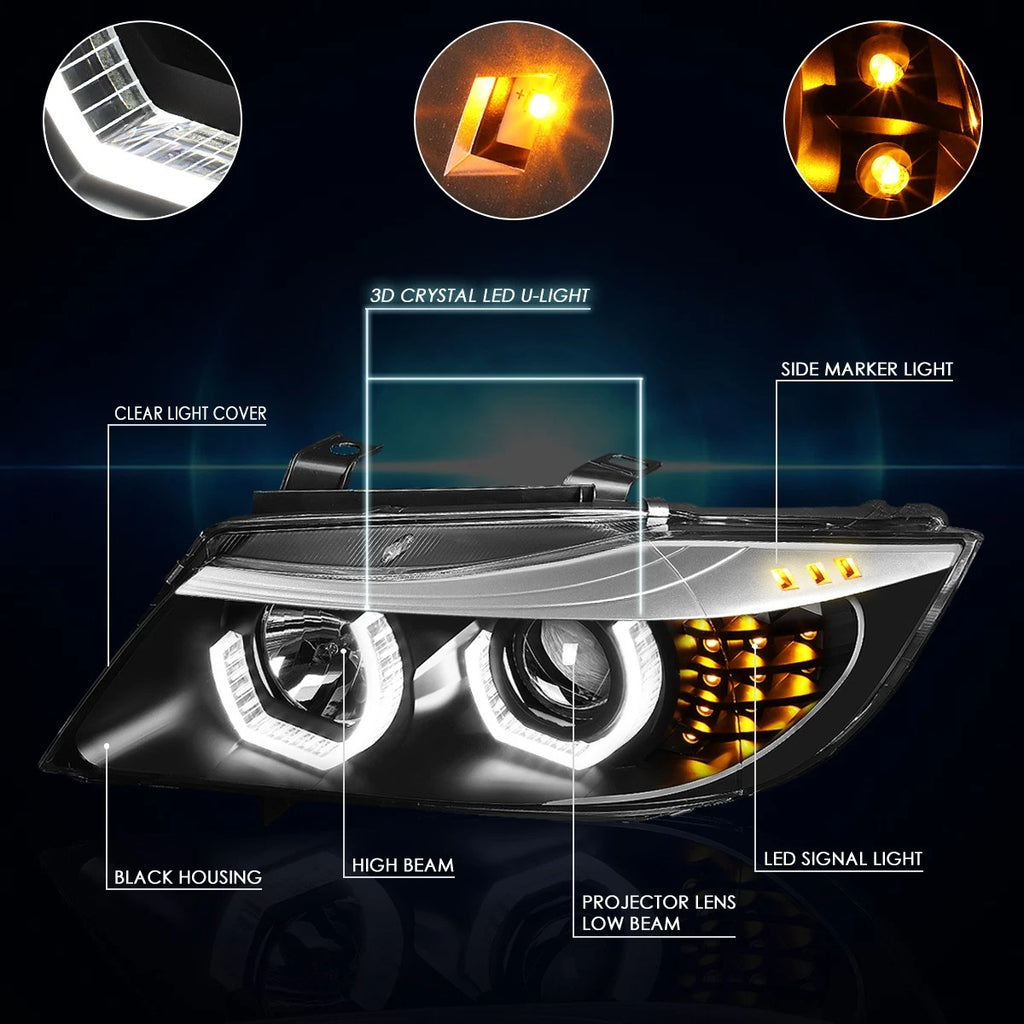 LED U-Halo + Turn Signal Projector Headlight Pair for BMW 3-Series E90 (2005–2008)