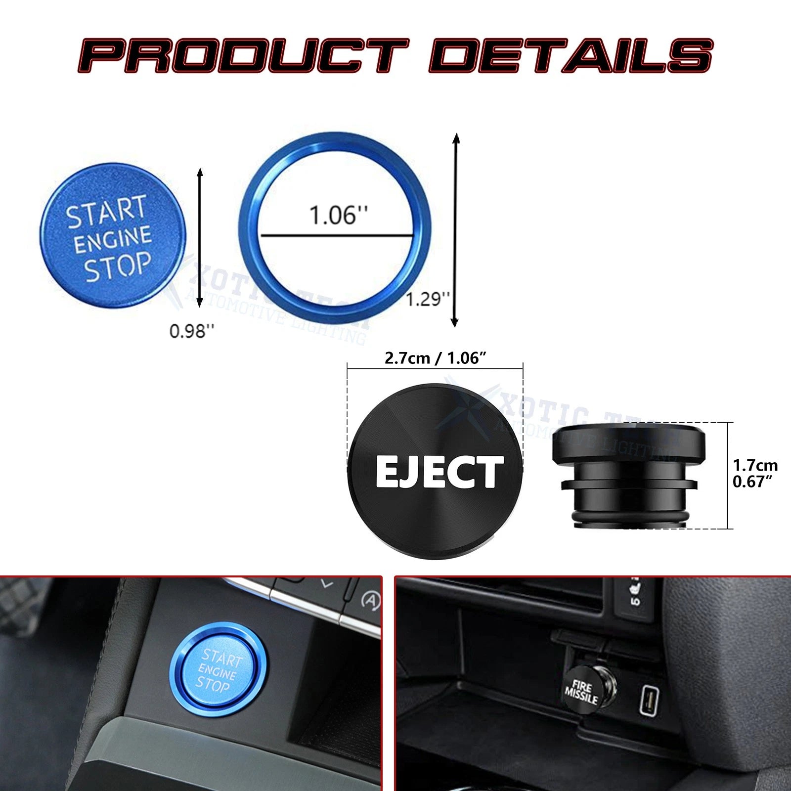 Blue Aluminum Engine Start + Black Cigarette Lighter Button Trim for Audi (2008-2018)