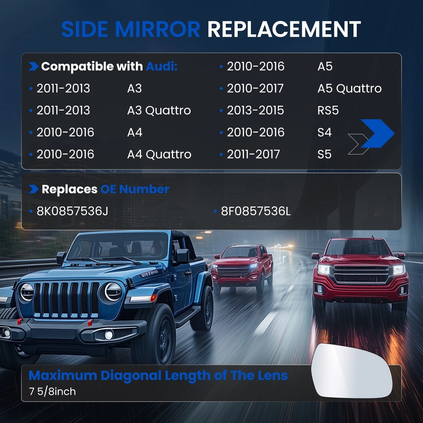 RH Mirror Glass for Audi A5 Quattro 2010-2017 / S4 2010-2016 / S5 2010-2016