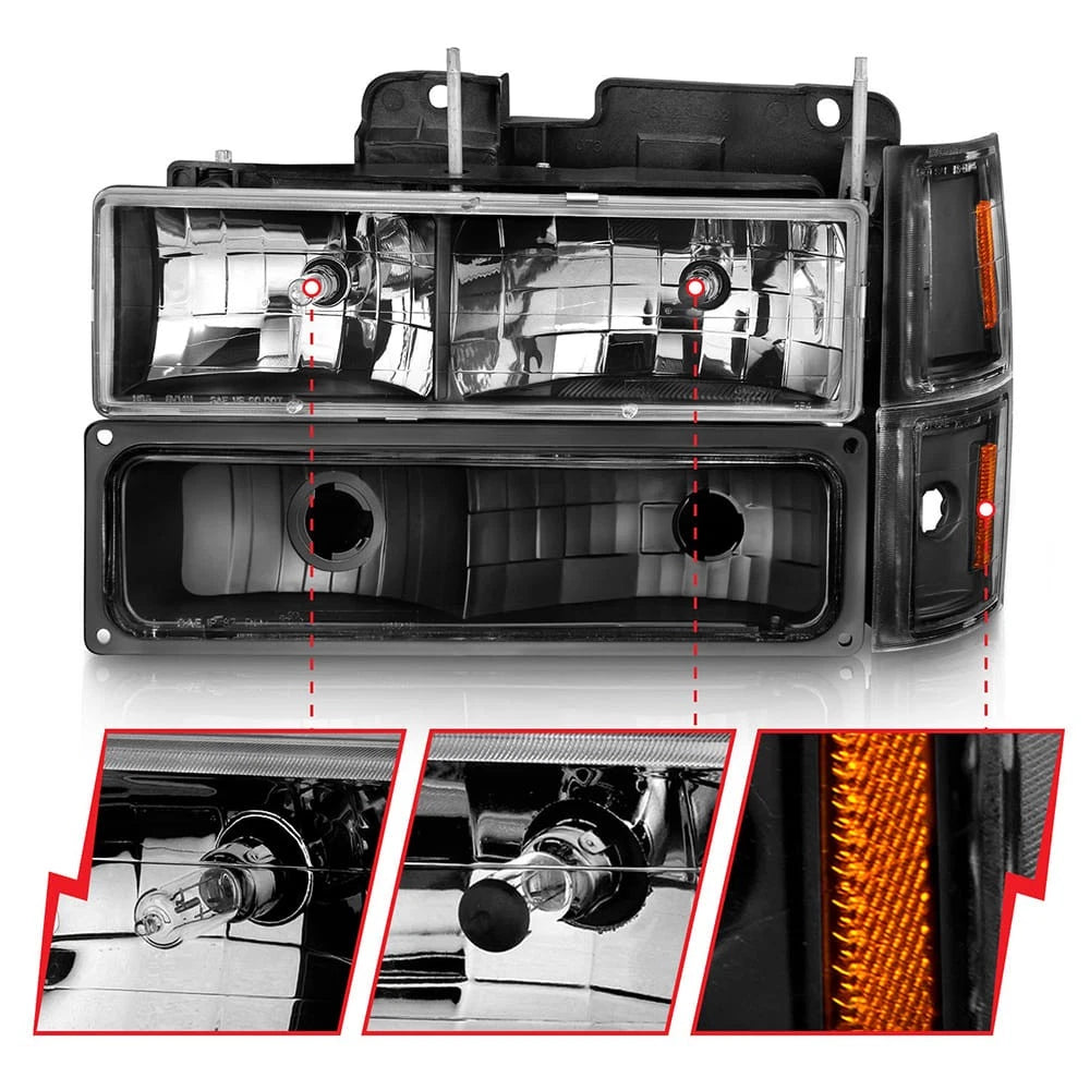 Crystal Headlight Set Black Clear Lens for 1994-2000 Chevrolet C K2500