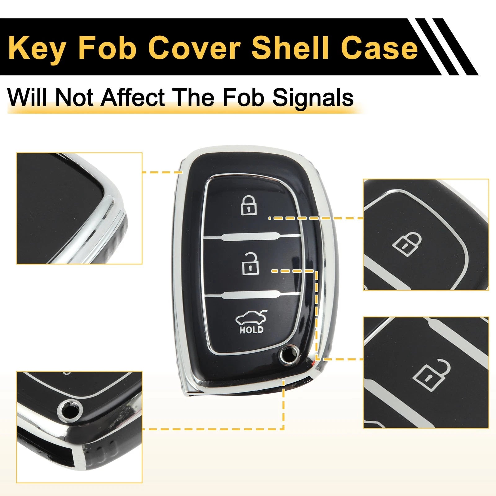 TPU Silicone Car Key Case for Hyundai i10 (2010–2023) - Black Silver Tone