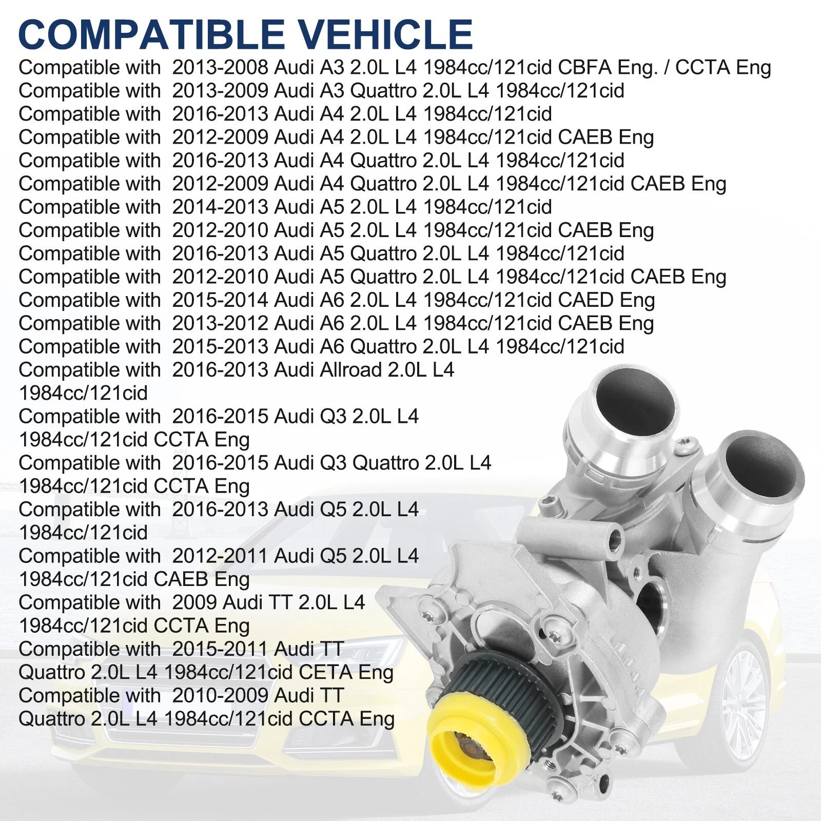 Aluminum Water Pump for Audi A3 A4 TT VW Tiguan Jetta Golf GTI Eos Beetle CC (2006–2020)