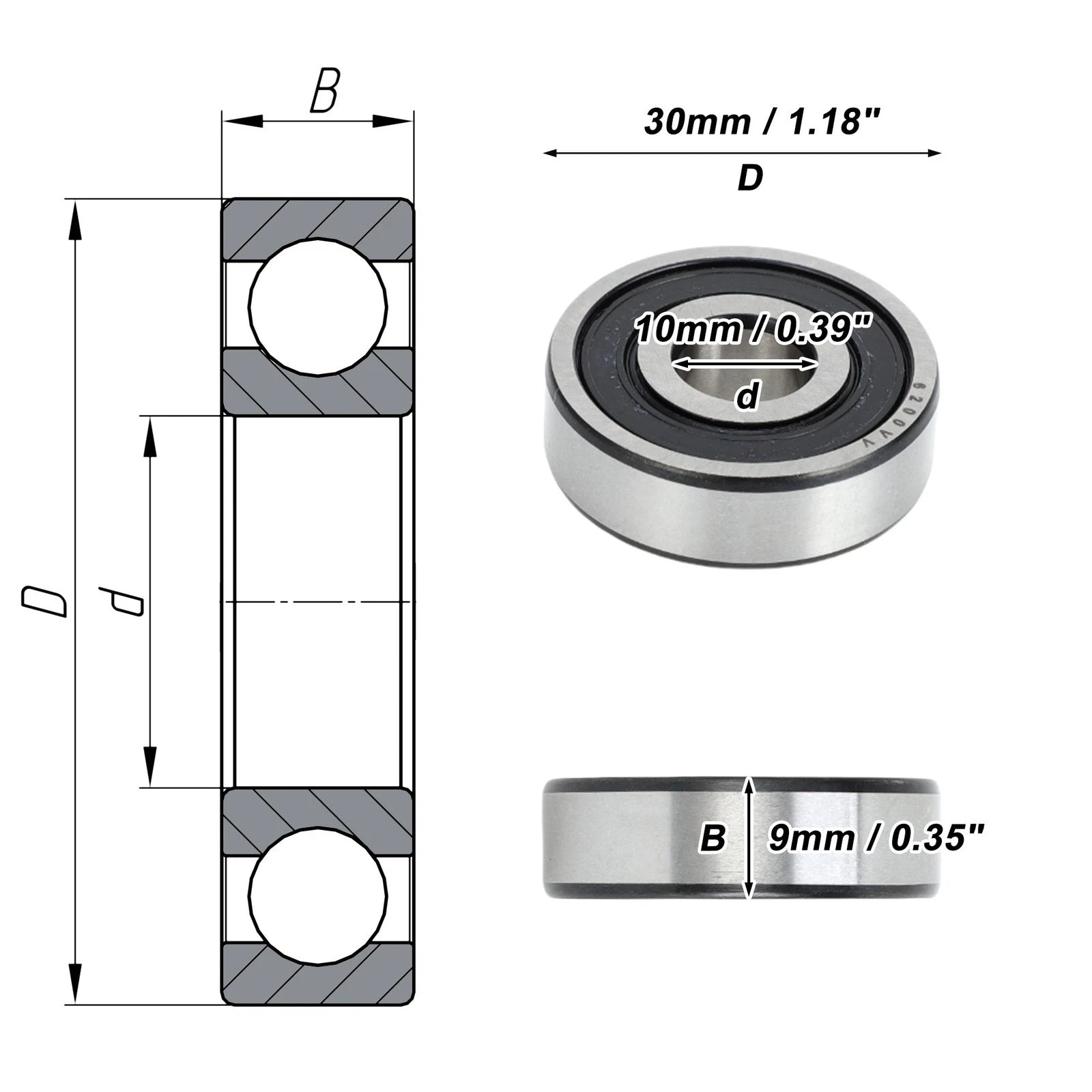 6200VV Deep Groove Ball Bearing for Scooter Skateboard Wheel (10x30x9mm)