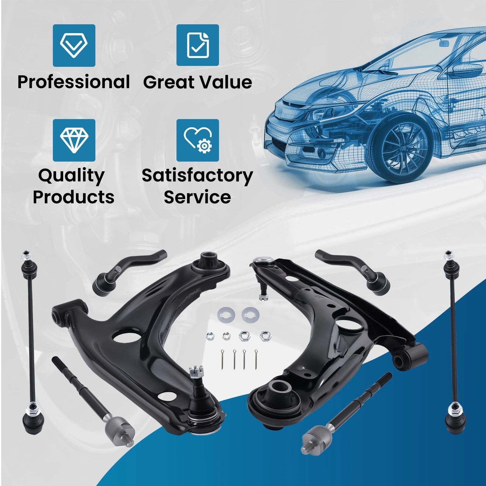 8x Lower Control Arms + Ball Joint + Front Sway Bar Link for Toyota Yaris (2007–2013)