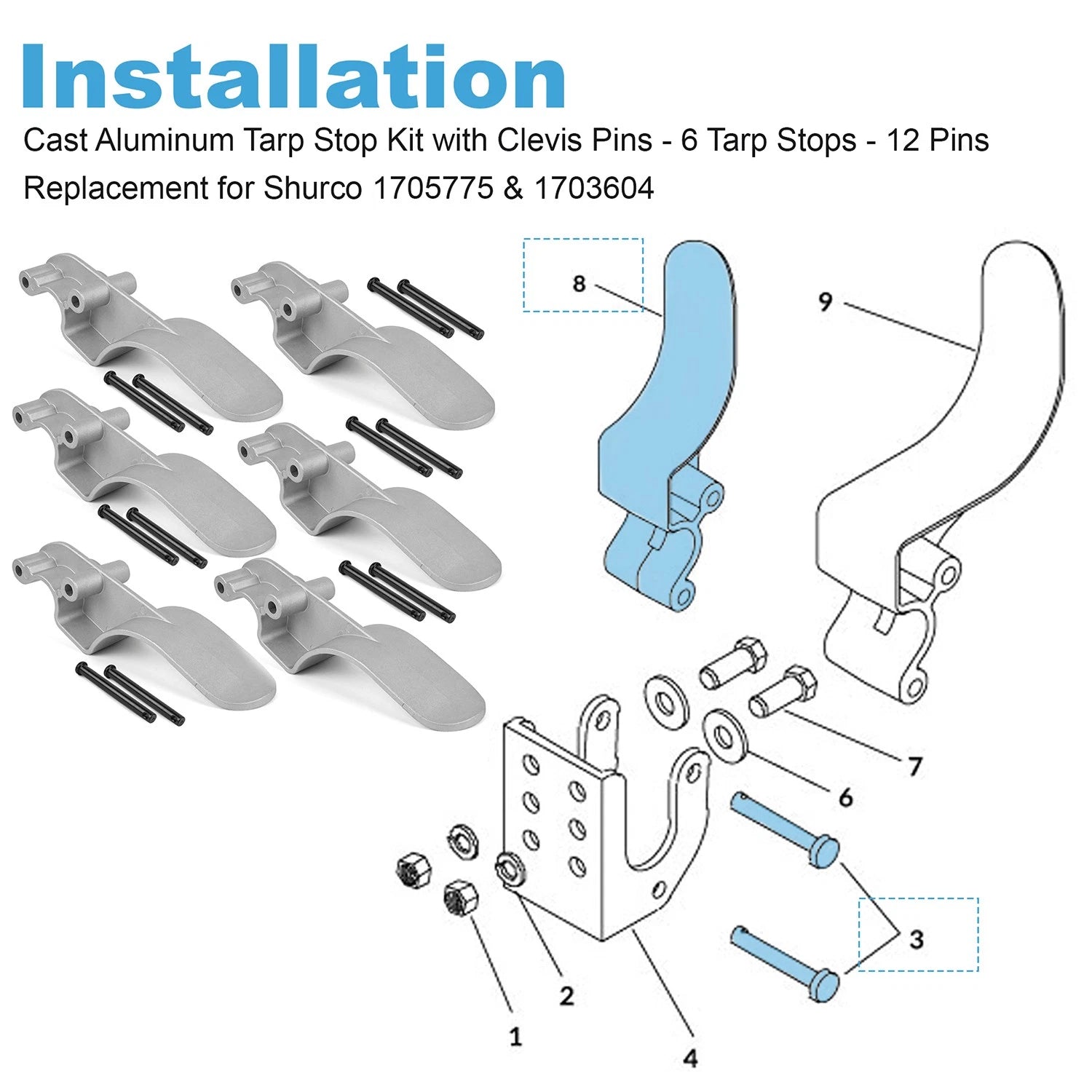 Set of 6 Easy-Off Aluminum Tarp Stops with 12 Clevis Pins 1705775