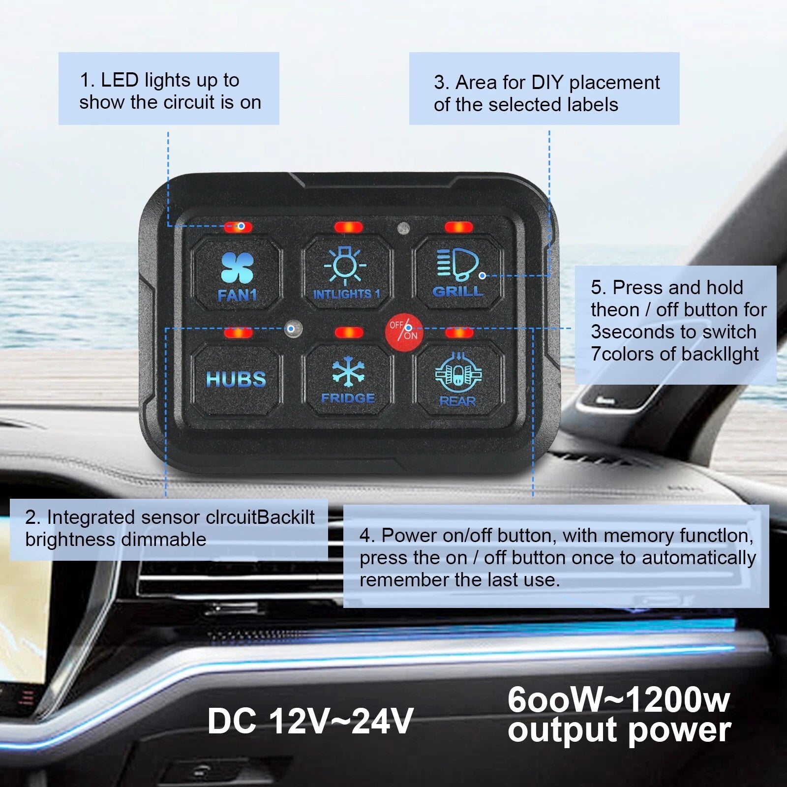 6 Gang Switch Panel for Car Boat (Dimmable, 720W, LED)