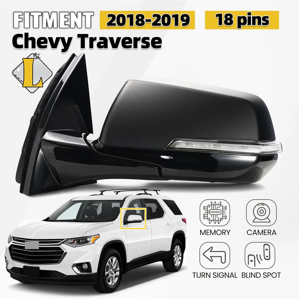 Side Mirror for Chevy Traverse (2018–2019) w/ Turn Signal, BSD, Camera, 18 Pin Left