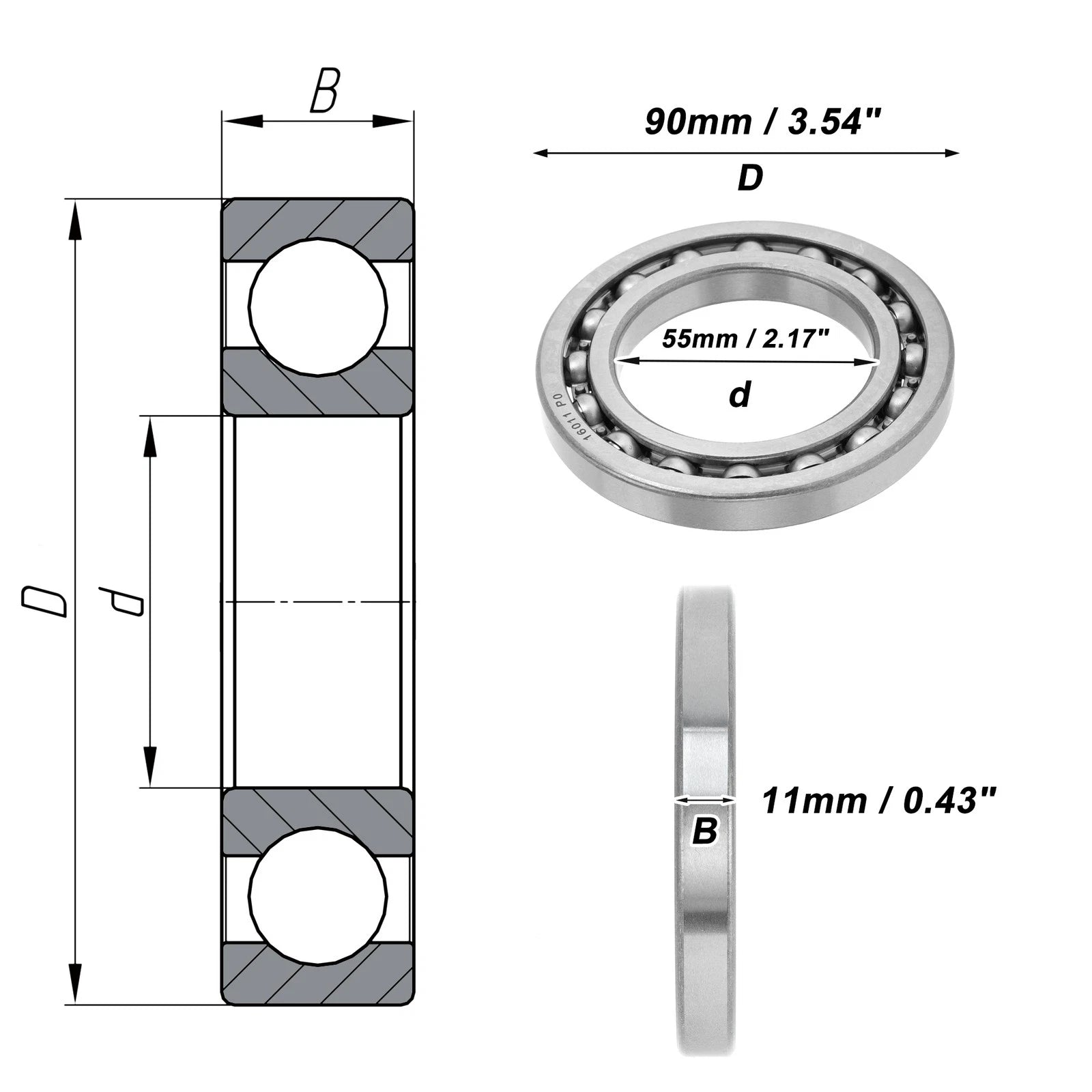 Deep Groove Ball Bearing 55x90x11mm for Scooter Skateboard (P0)