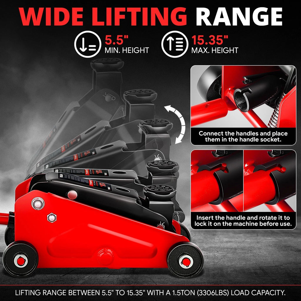 5.5-15.35 Hydraulic Floor Jack 3000lbs Capacity with Swivel Casters