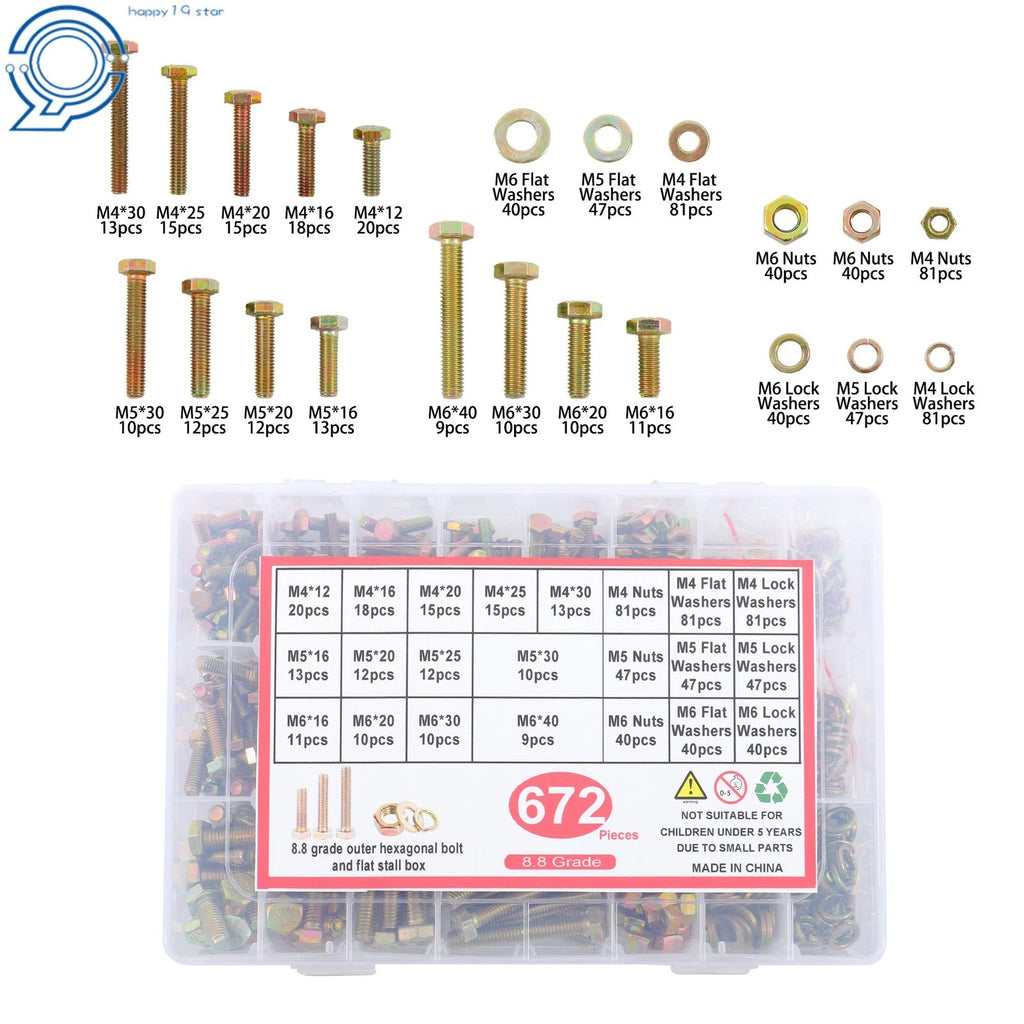 672PC Heavy Duty Metric Bolts Nuts Assortment Kit Grade 8.8 Hex Head