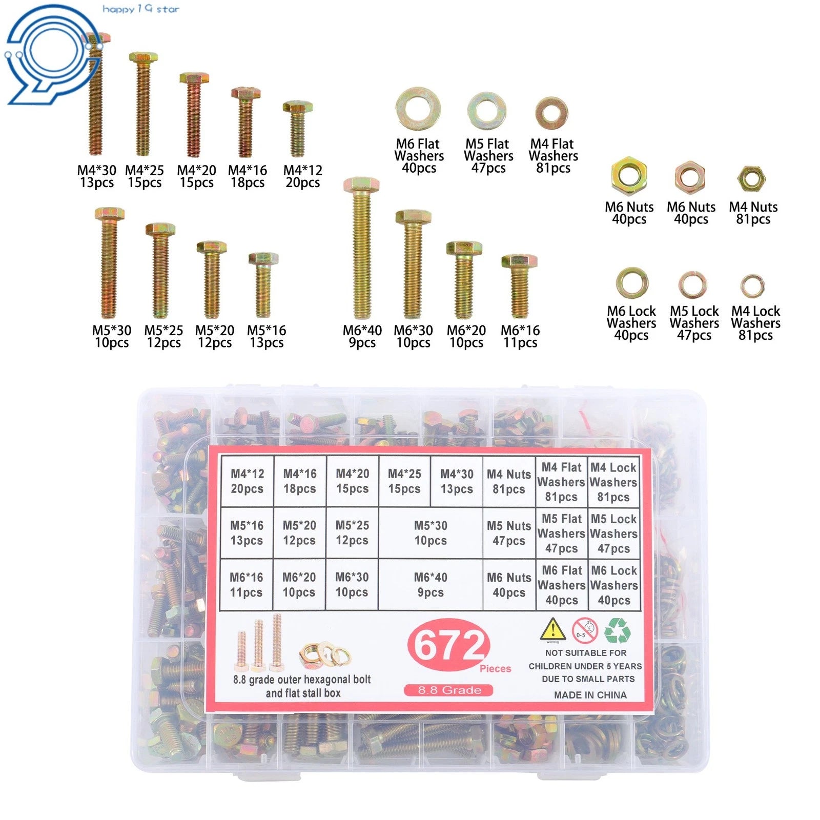 672PC Heavy Duty Metric Bolts Nuts Assortment Kit Grade 8.8 Hex Head