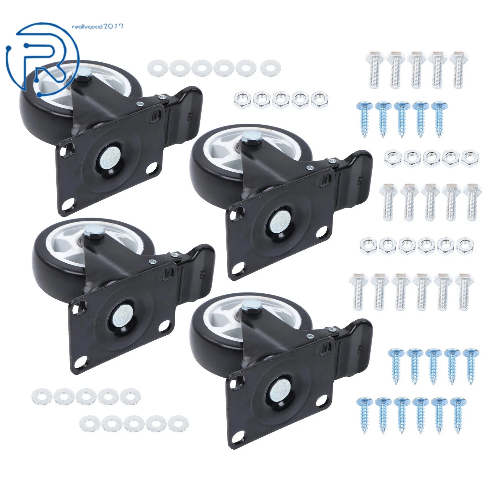 Set of 4 Black Casters with White Hubs, 360-Degree, 2200 lb Capacity