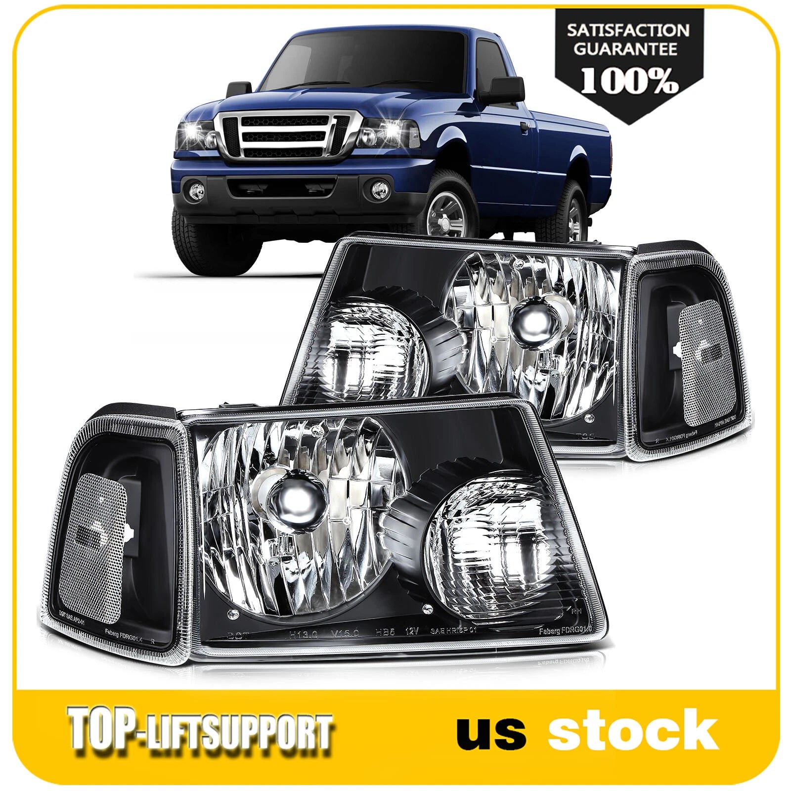 Set of 2 Headlight Assemblies for Ford Ranger (2001–2011) Black Housing