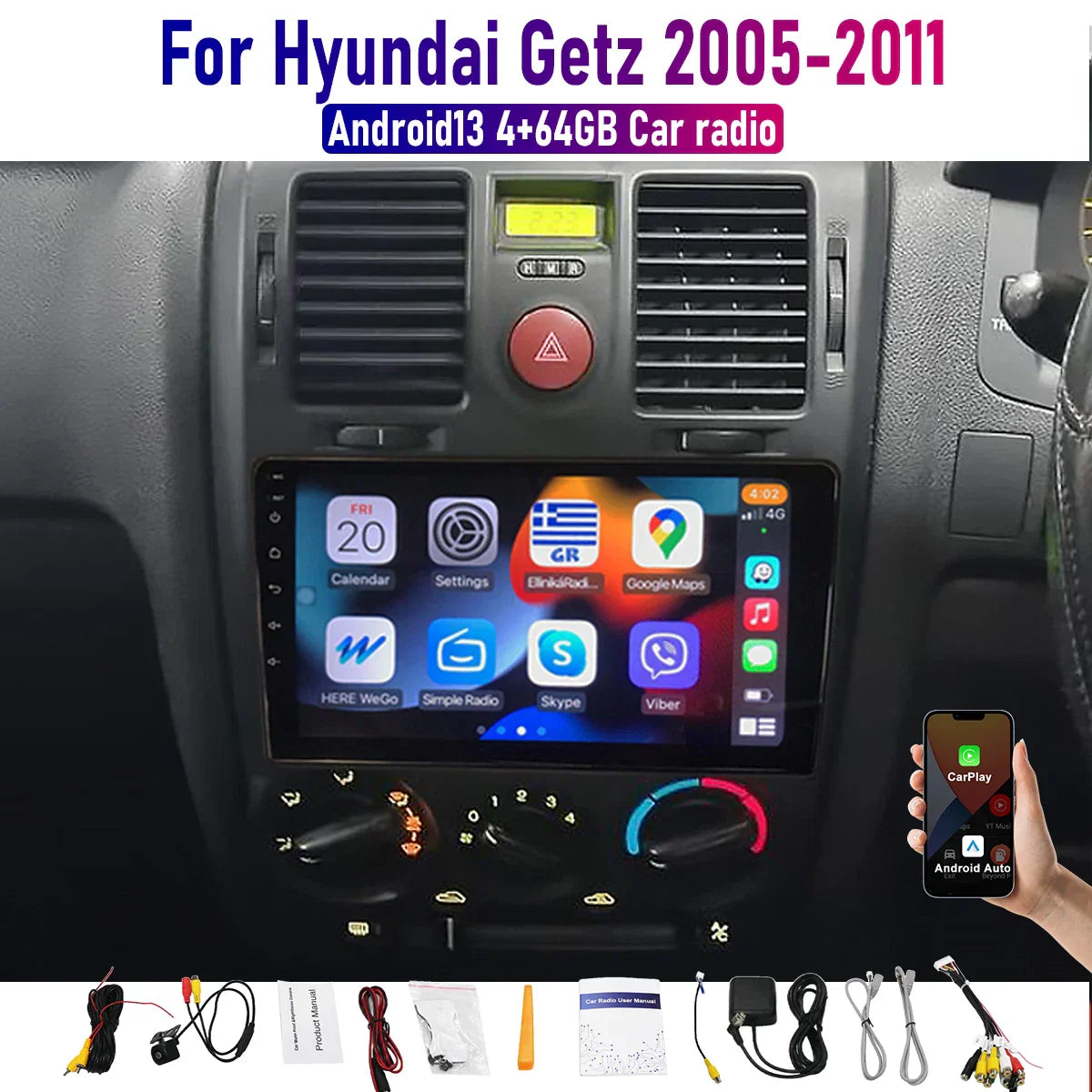 9'' Wireless CarPlay Android Auto Head Unit for Hyundai Getz (2005-2011)