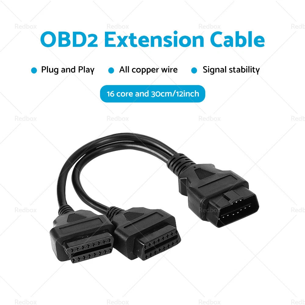 OBD2 16 Pin Splitter Extension Cable Male to Dual Female for Vehicles (30cm)