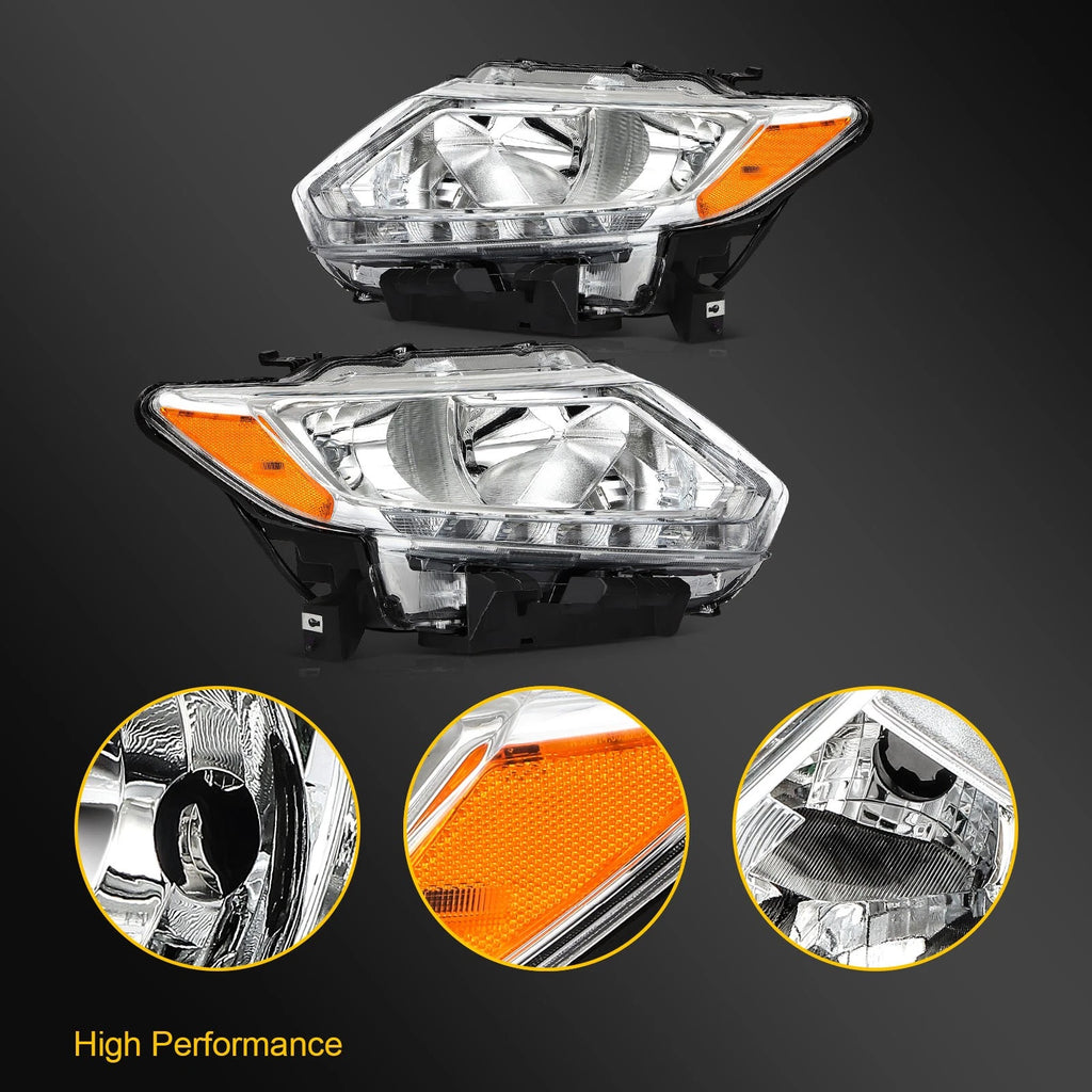 Set of 2 Headlight Assemblies for Nissan Rogue (2014–2016) Chrome Amber