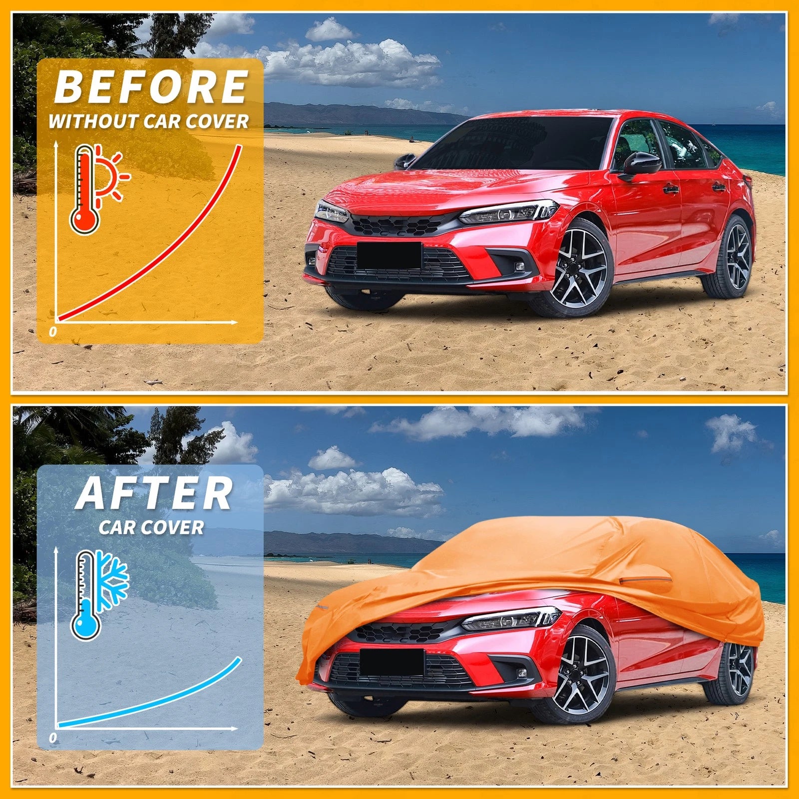 Waterproof Car Cover for Honda Civic (All Weather, Orange, Zipper)